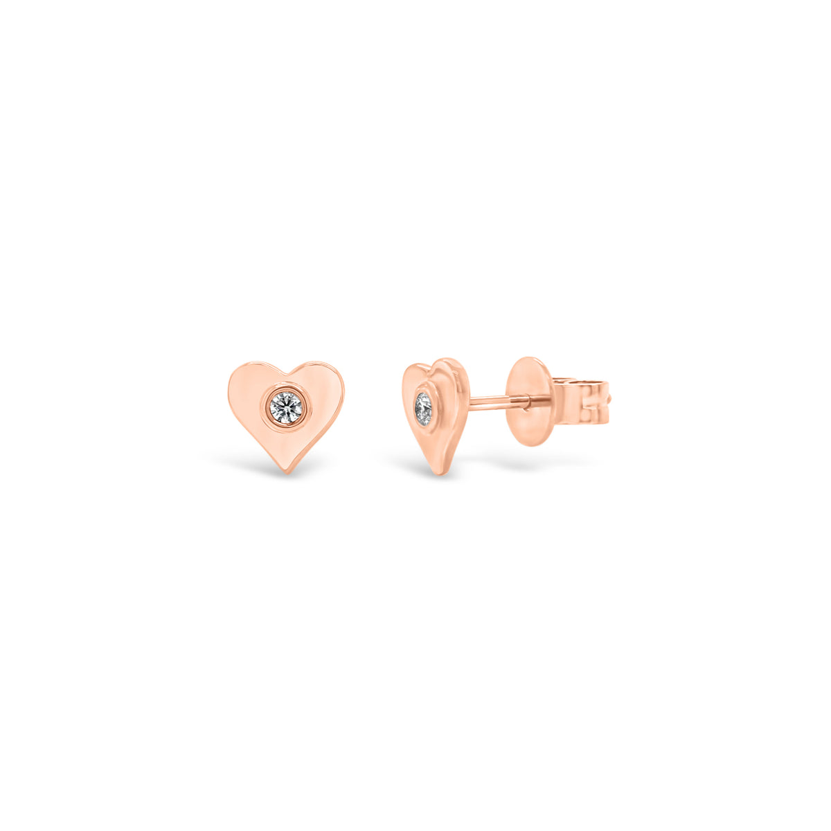 Gold Heart Stud Earrings with Diamond Centers - 14K rose gold weighing 1.33 grams - 2 round diamonds totaling 0.05 carats