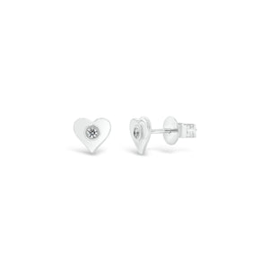 Gold Heart Stud Earrings with Diamond Centers - 14K white gold weighing 1.33 grams - 2 round diamonds totaling 0.05 carats