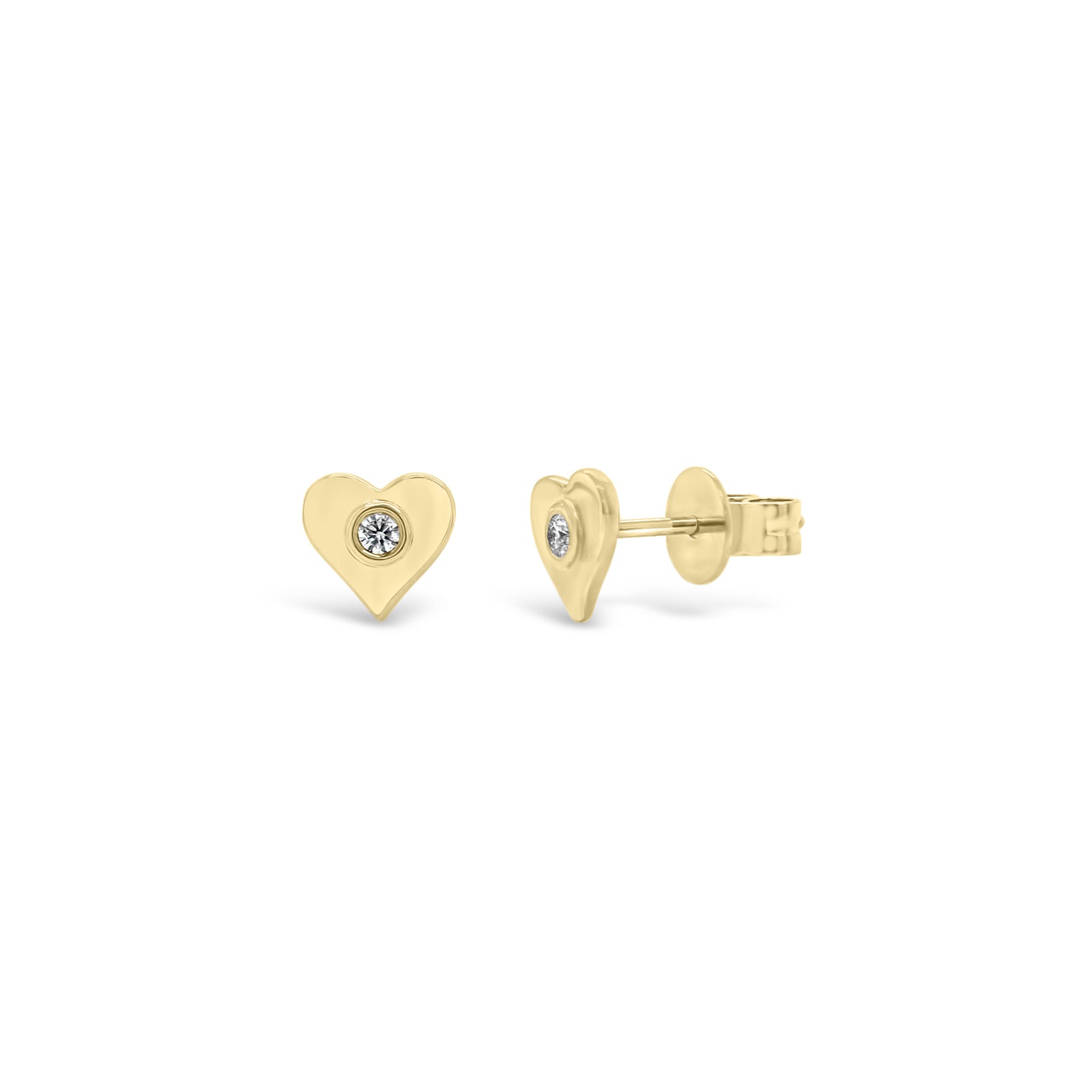 Gold Heart Stud Earrings with Diamond Centers - 14K yellow gold weighing 1.33 grams - 2 round diamonds totaling 0.05 carats