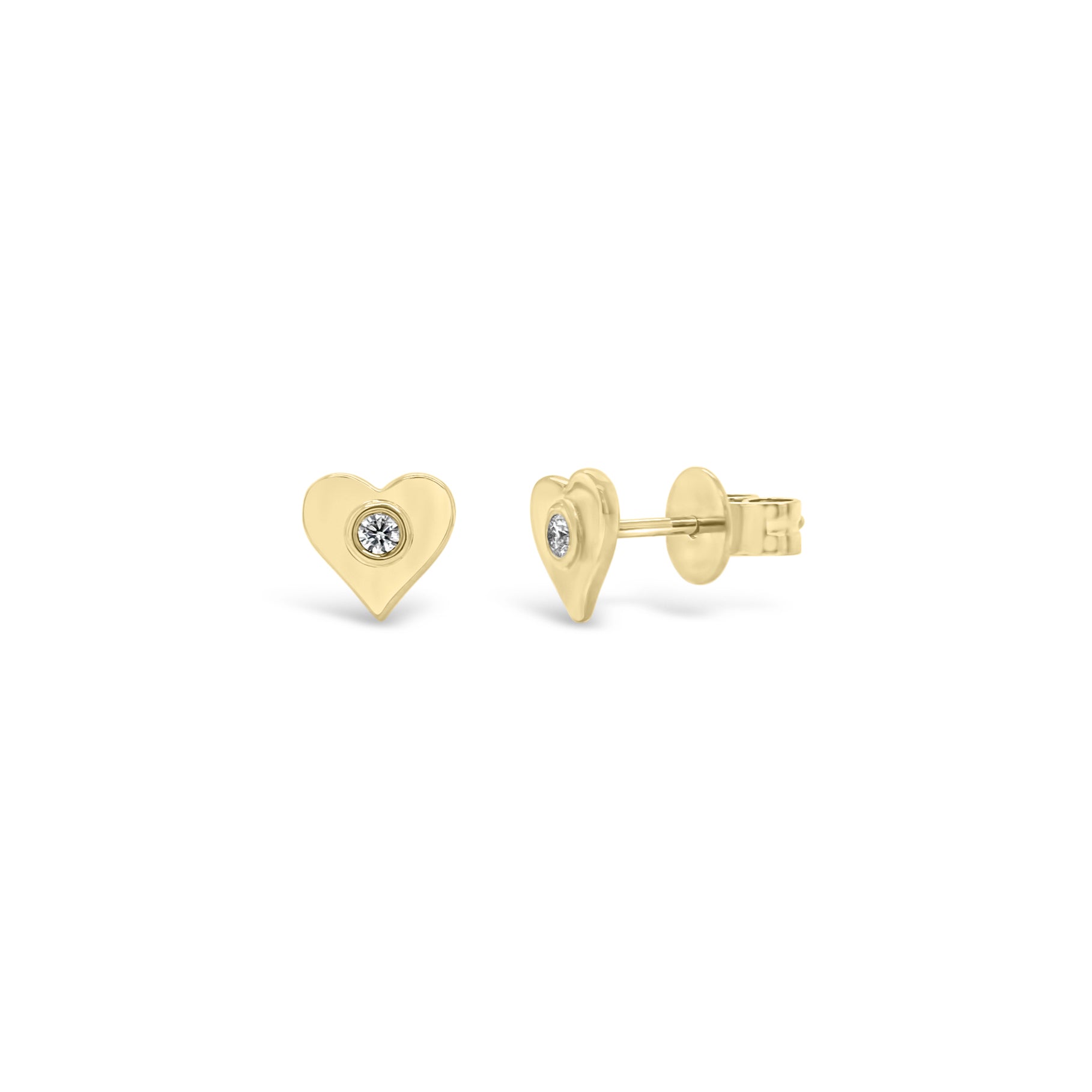 Gold Heart Stud Earrings with Diamond Centers - 14K yellow gold weighing 1.33 grams - 2 round diamonds totaling 0.05 carats
