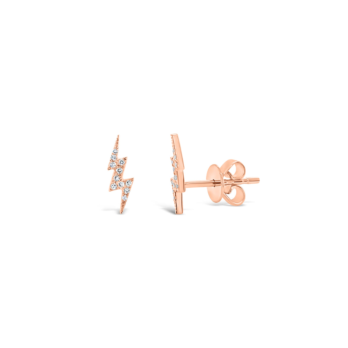 Diamond Lightening Bolt Stud Earrings - 14K rose gold weighing 0.98 grams - 22 round diamonds totaling 0.05 carats.