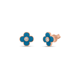 Turquoise Diamond Clover Stud Earrings - 14K rose gold weighing 1.58 grams - 2 round diamonds totaling 0.08 carats