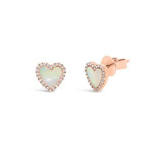Mother of Pearl & Diamond Heart Stud Earrings - 14K rose gold weighing 1.60 grams - 50 round diamonds totaling 0.10 carats.