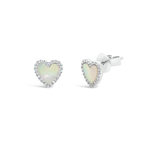 Mother of Pearl & Diamond Heart Stud Earrings - 14K white gold weighing 1.60 grams - 50 round diamonds totaling 0.10 carats.
