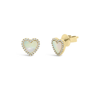 Mother of Pearl & Diamond Heart Stud Earrings - 14K yellow gold weighing 1.60 grams - 50 round diamonds totaling 0.10 carats.