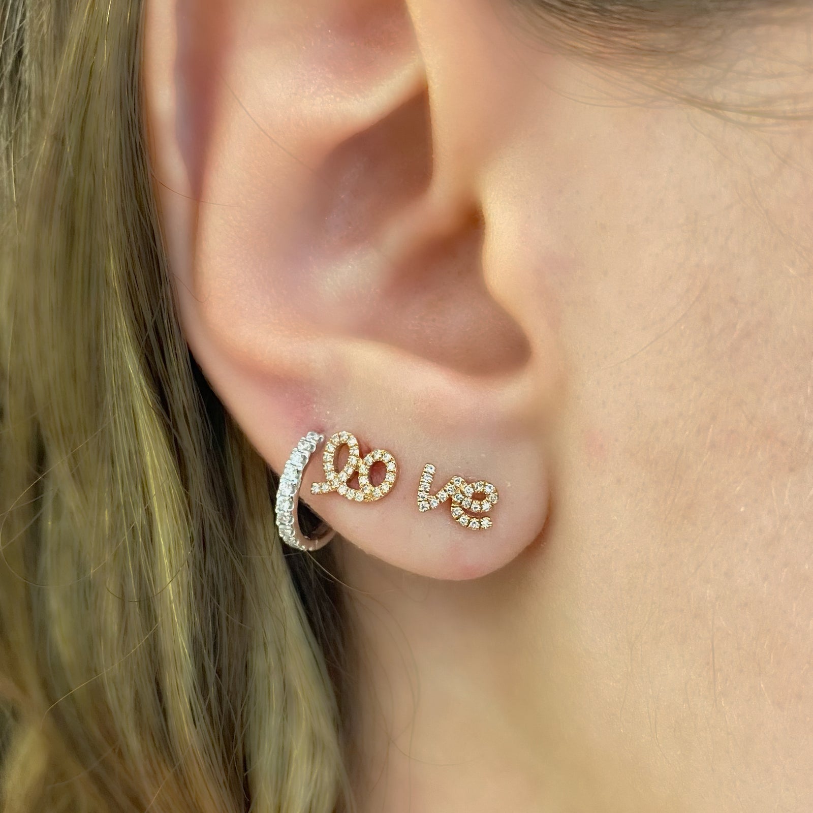 Diamond Love Script Stud Earrings - 14K rose gold weighing 1.16 grams - 48 round diamonds totaling 0.10 carats