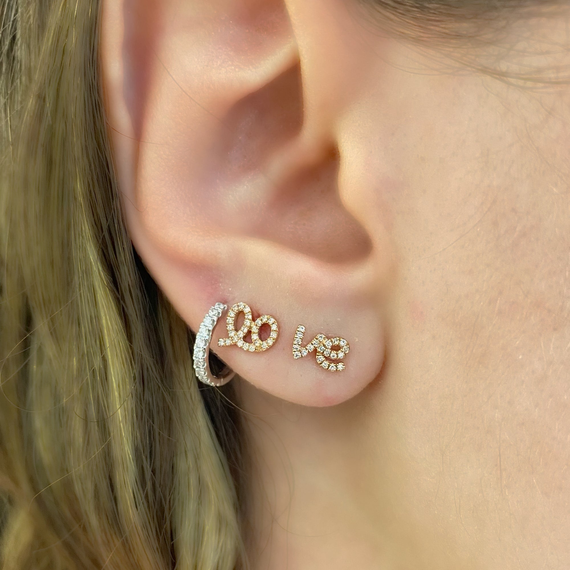 Diamond Love Script Stud Earrings - 14K rose gold weighing 1.16 grams - 48 round diamonds totaling 0.10 carats