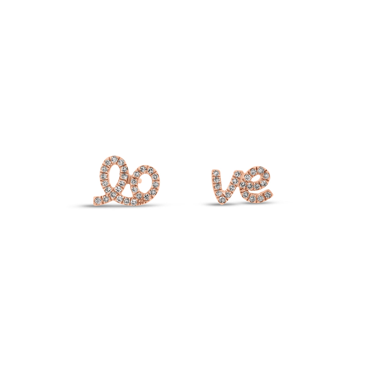 Diamond Love Script Stud Earrings - 14K rose gold weighing 1.16 grams - 48 round diamonds totaling 0.10 carats