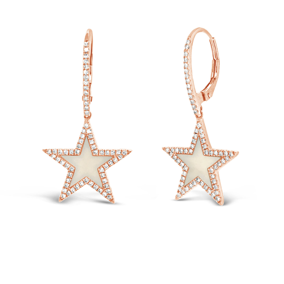 Mother of Pearl & Diamond Star Lever-Back Earrings  -14K gold weighing 3.33 grams  -128 round diamonds totaling 0.35 carats  -2 Mother of Pearl totaling 0.83 carats