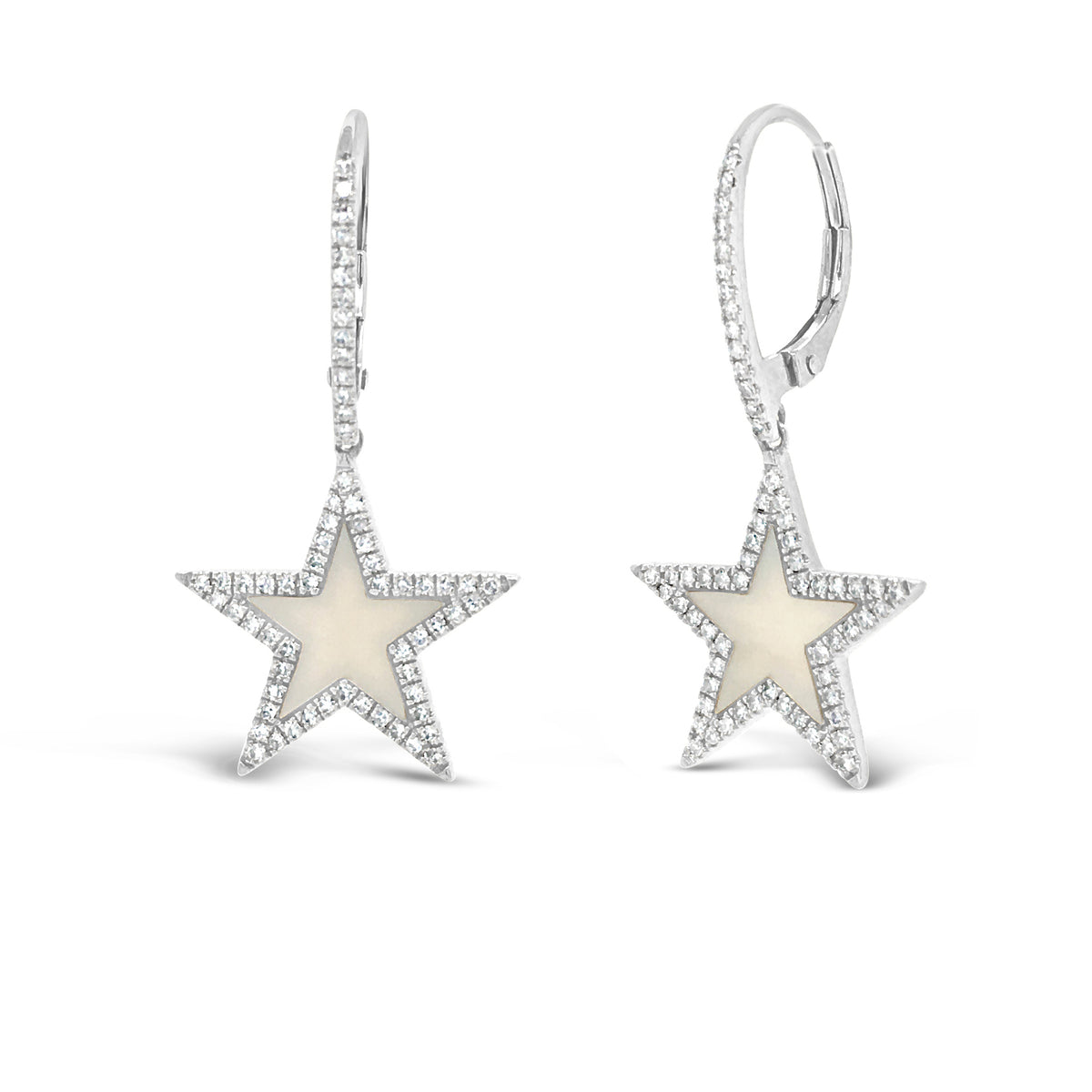 Mother of Pearl & Diamond Star Lever-Back Earrings  -14K gold weighing 3.33 grams  -128 round diamonds totaling 0.35 carats  -2 Mother of Pearl totaling 0.83 carats