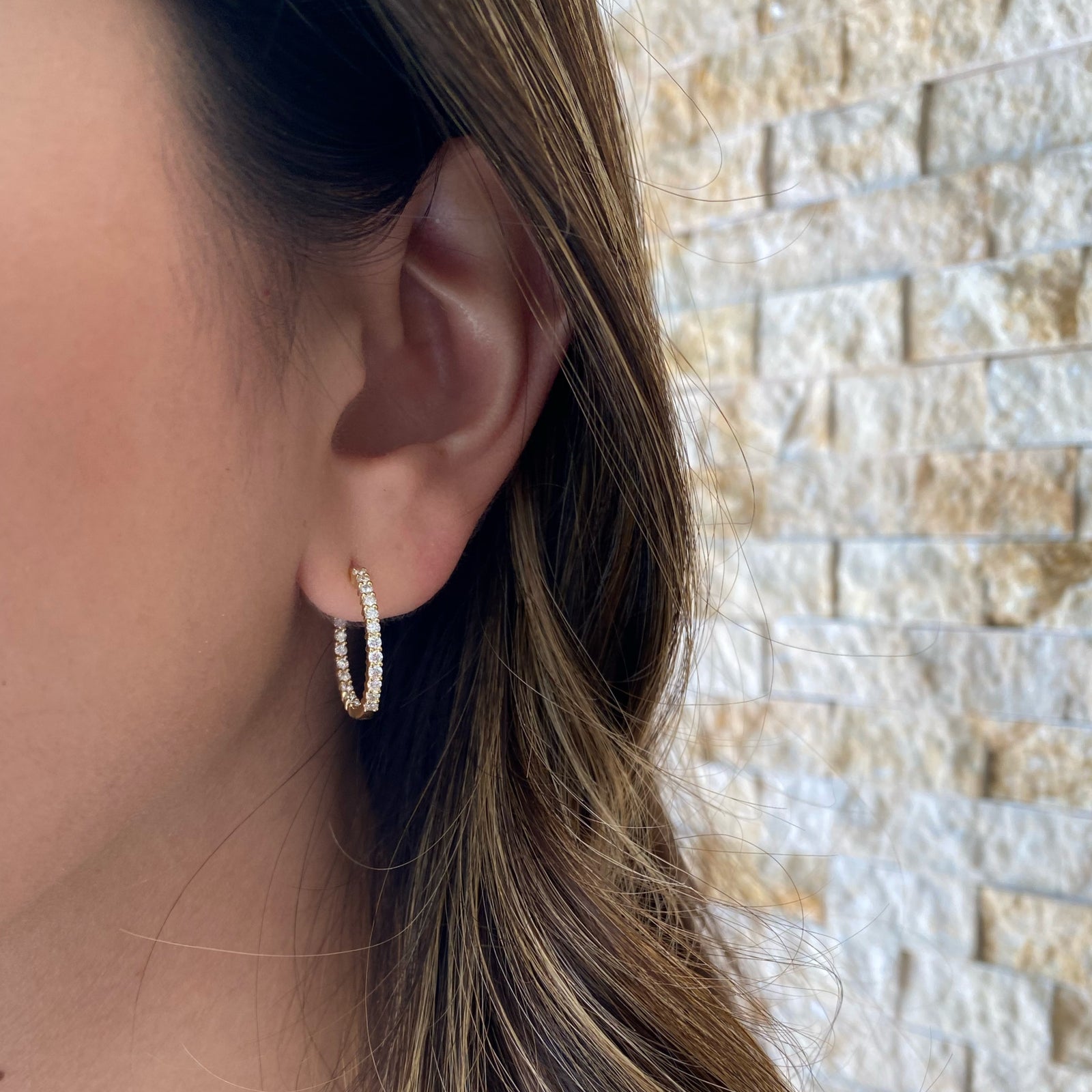 Diamond Interior and Exterior Hoop Earrings - 18K gold weighing 3.47 grams  - 42 round diamonds weighing 0.77 carats