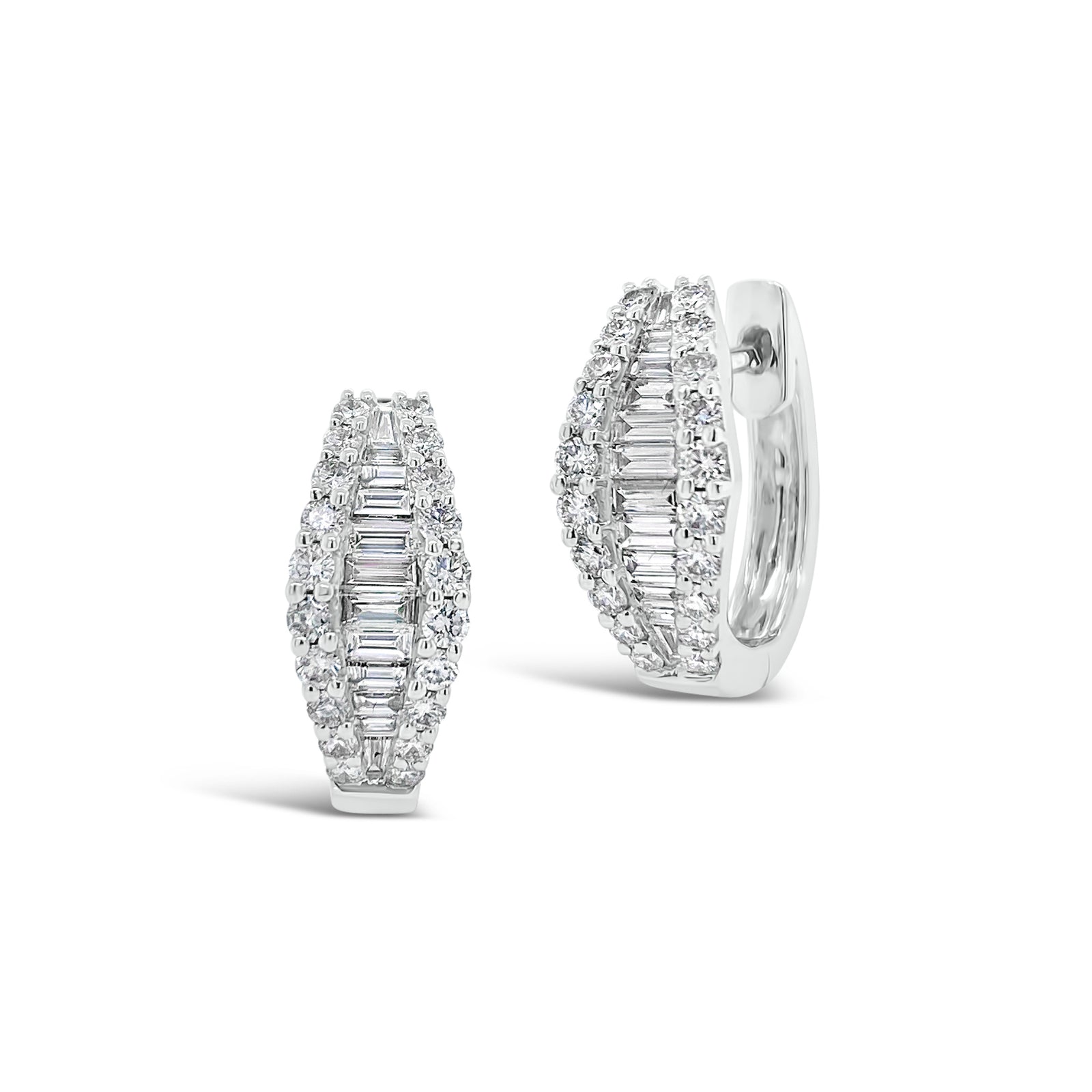Baguette Diamond Huggie Earrings   -14K gold weighing 4.95 grams   -40 round diamonds totaling 0.56 carats   -27 straight baguettes totaling 0.38 carats