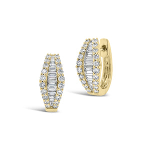 Baguette Diamond Huggie Earrings   -14K gold weighing 4.95 grams   -40 round diamonds totaling 0.56 carats   -27 straight baguettes totaling 0.38 carats