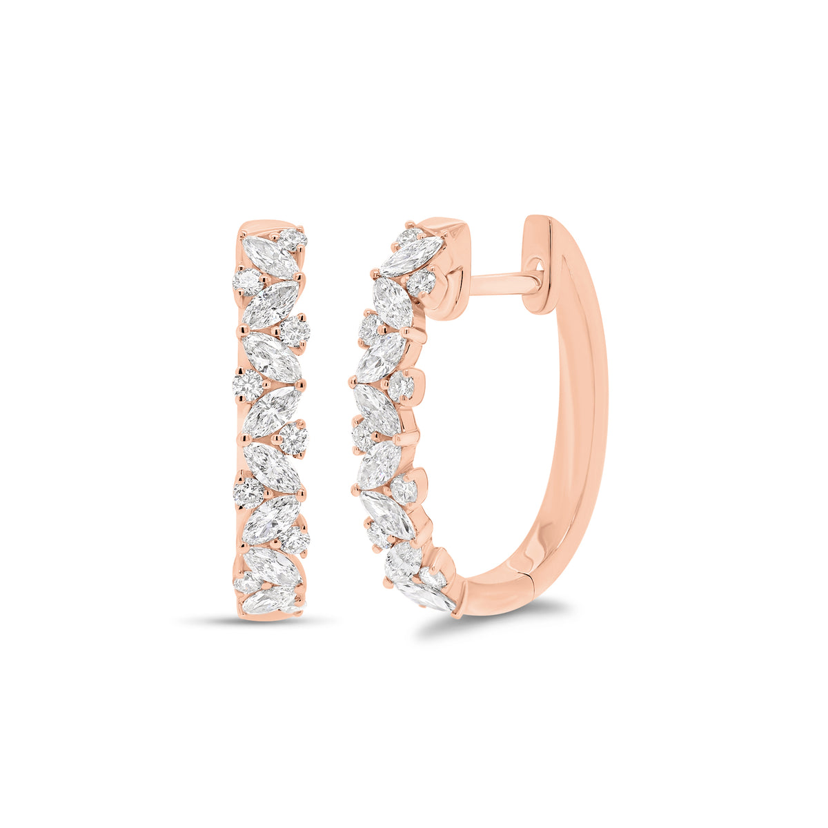 Huggies With Round & Marquise Diamonds -18K rose gold weighing 3.63 grams -16 marquise diamonds weighing 0.45 carats -18 round diamonds weighing 0.17 carats