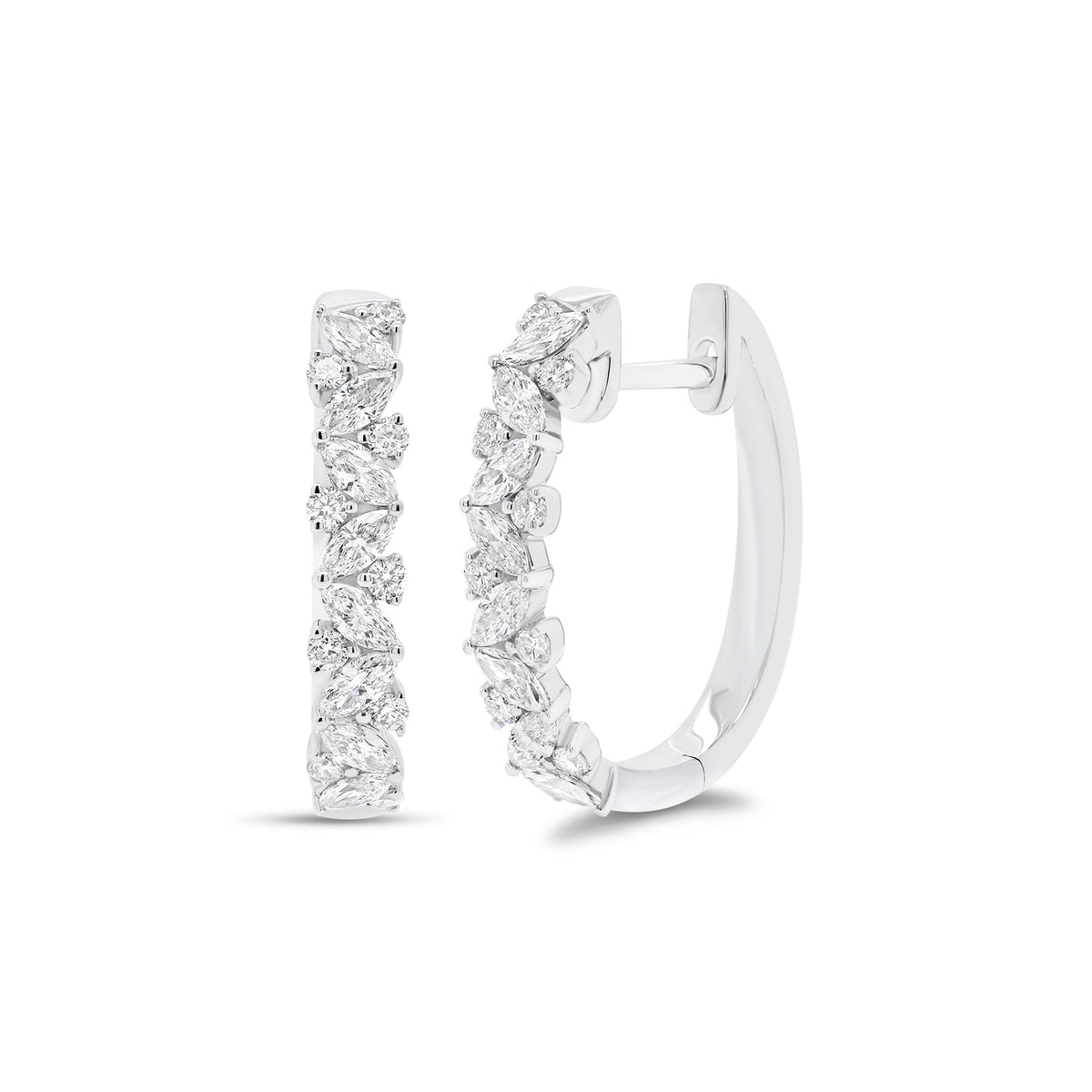 Huggies With Round & Marquise Diamonds -18K white gold weighing 3.63 grams  -16 marquise diamonds weighing 0.45 carats  -18 round diamonds weighing 0.17 carats