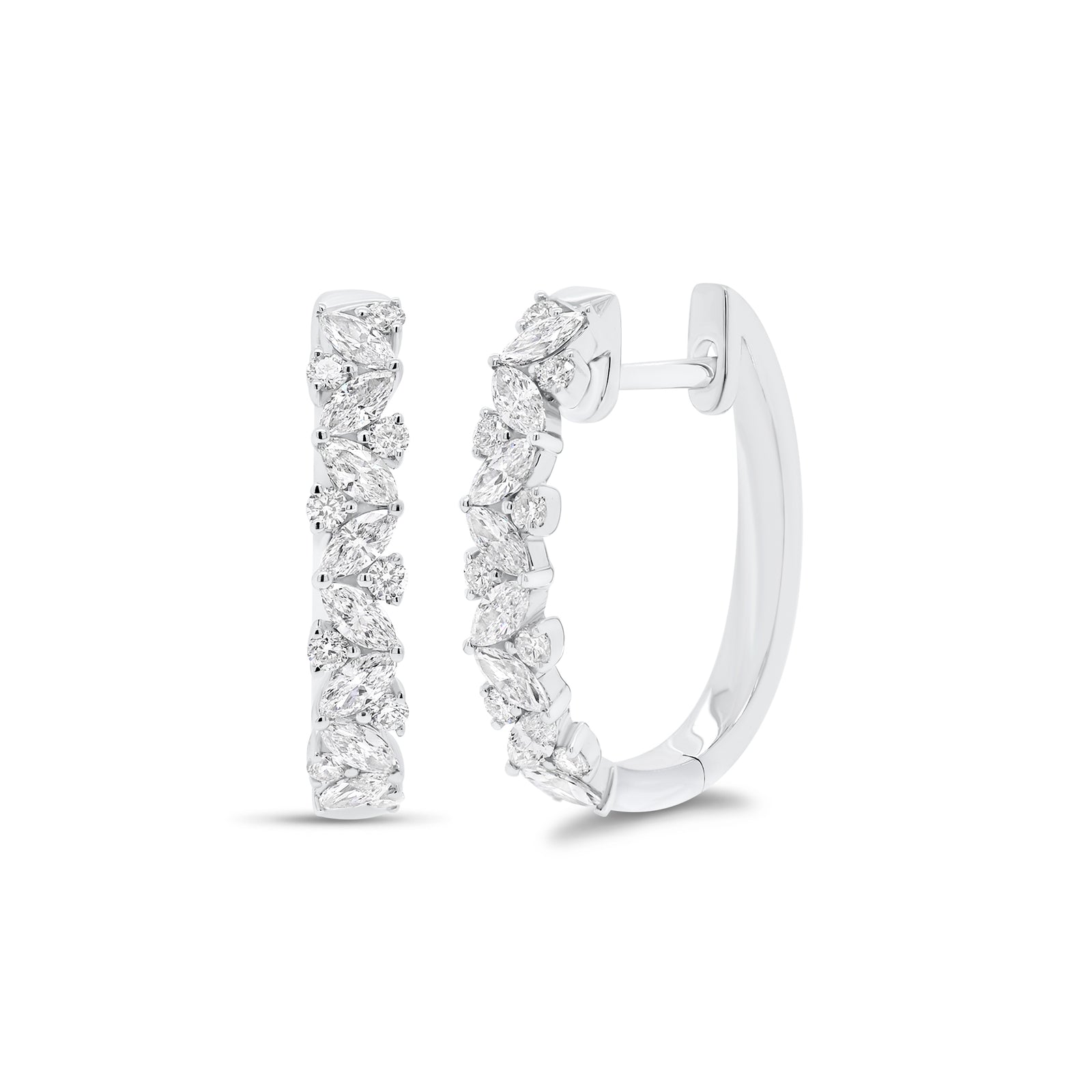 Huggies With Round & Marquise Diamonds -18K white gold weighing 3.63 grams  -16 marquise diamonds weighing 0.45 carats  -18 round diamonds weighing 0.17 carats