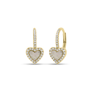 Mother of Pearl & Diamond Heart Lever-Back Earrings  - 14K gold weighing 1.74 grams  - 54 round diamonds totaling 0.18 carats  - 2 Mother of Pearl slices