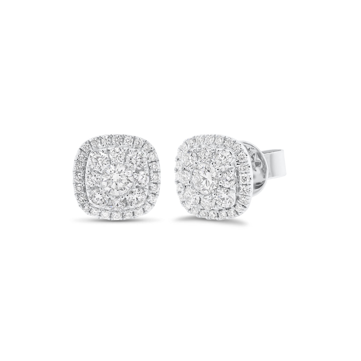 Cushion-Shaped Diamond Halo Stud Earrings-18K gold weighing 2.46 grams  -2 round diamonds weighing 0.32 carats  -64 round diamonds weighing 0.70 carats