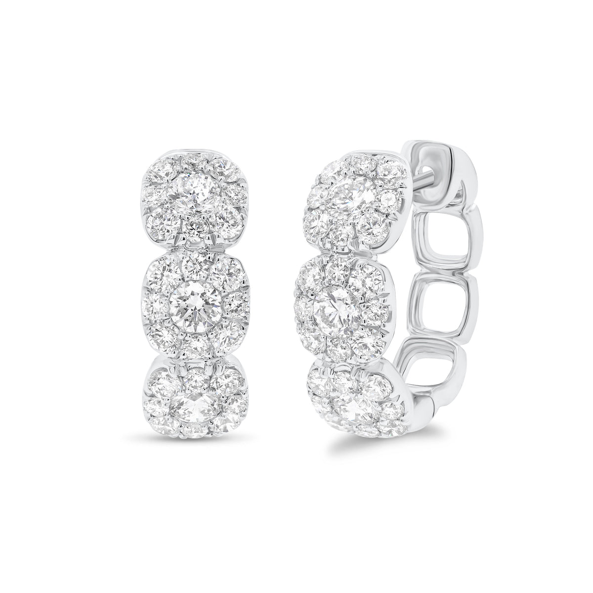 Cushion Halo Diamond Huggies - 18K gold weighing 5.57 grams  - 6 round diamonds weighing 0.65 carats  - 48 round diamonds weighing 1.05 carats