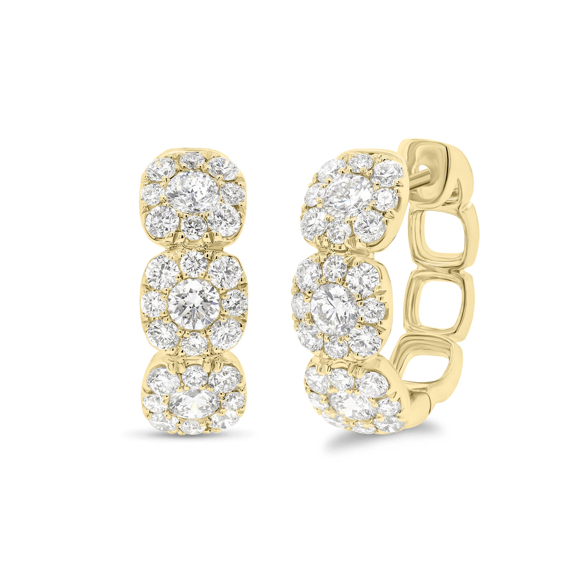 Cushion Halo Diamond Huggies - 18K gold weighing 5.57 grams  - 6 round diamonds weighing 0.65 carats  - 48 round diamonds weighing 1.05 carats