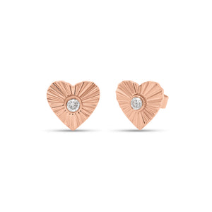 Diamond & Gold Ridged Heart Stud Earrings - 14K rose gold weighing 1.58 grams - 2 round diamonds totaling 0.07 carats