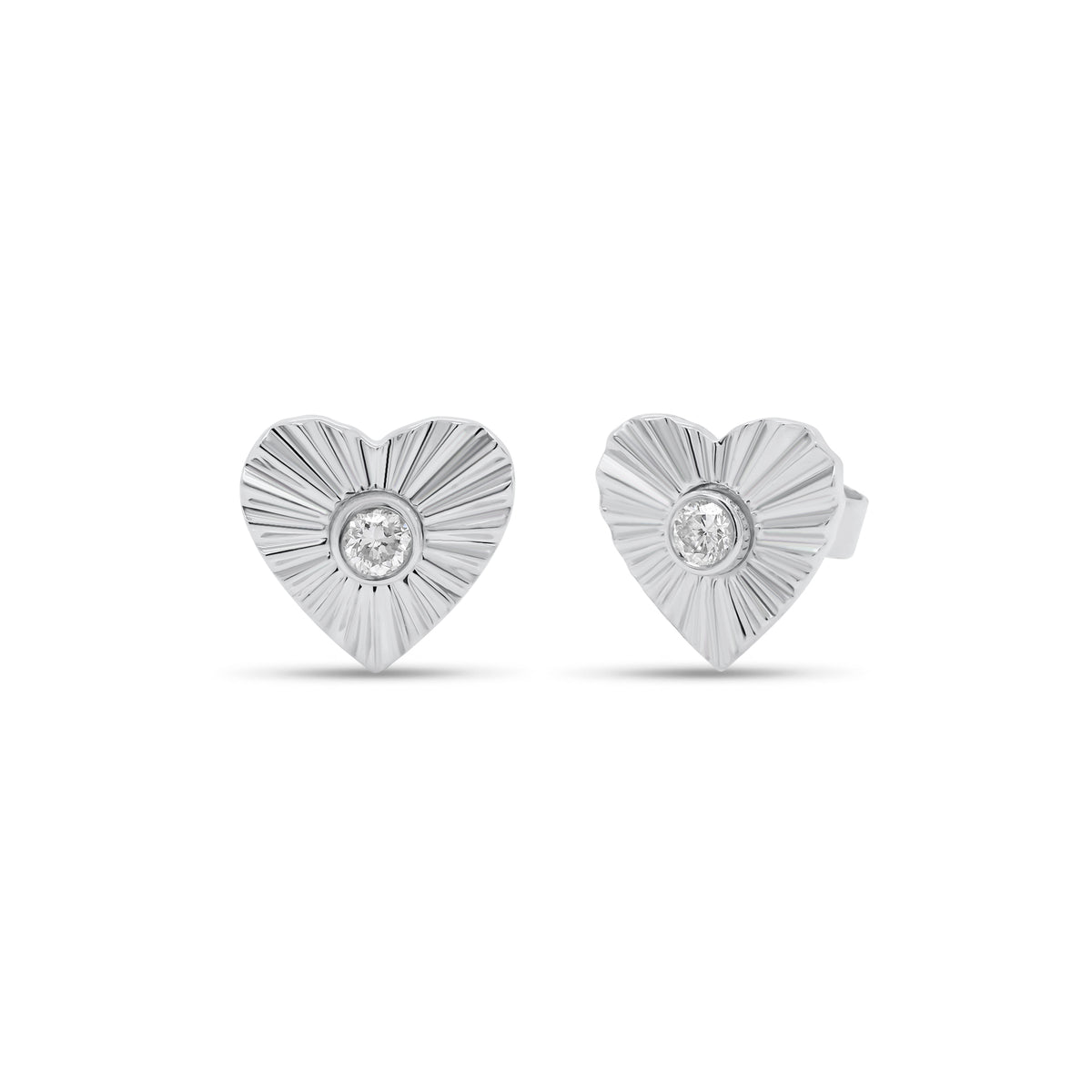 Diamond & Gold Ridged Heart Stud Earrings - 14K white gold weighing 1.58 grams - 2 round diamonds totaling 0.07 carats