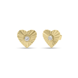 Diamond & Gold Ridged Heart Stud Earrings - 14K  yellow gold weighing 1.58 grams  - 2 round diamonds totaling 0.07 carats
