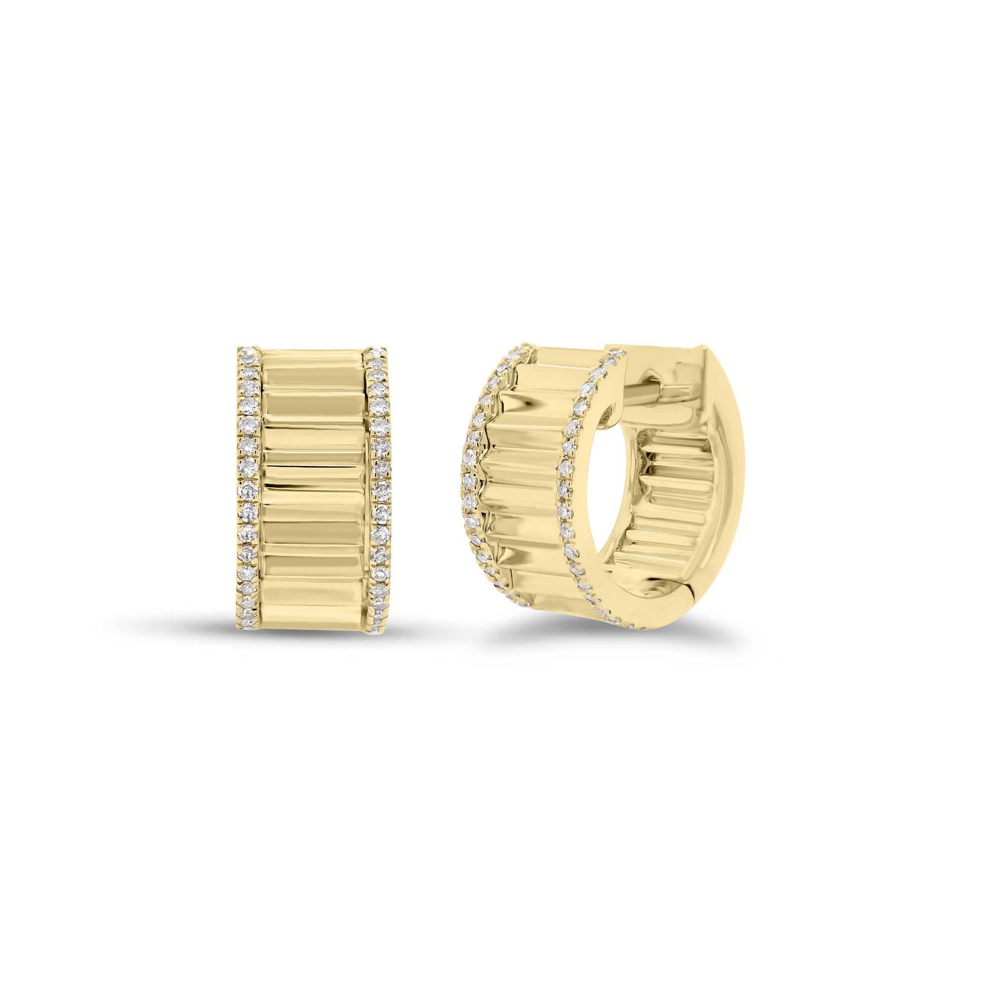 Diamond wide ridged huggie earrings - 14K gold weighing 4.45 grams  - 76 round diamonds totaling 0.16 carats