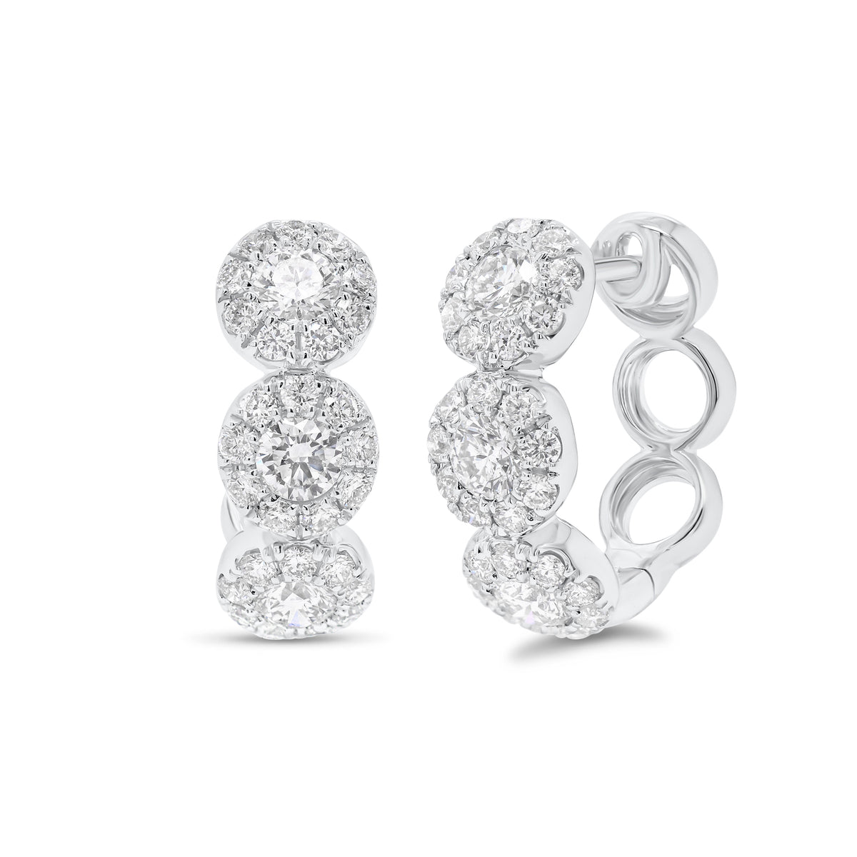 Halo Diamond Huggie Earrings - 18K gold weighing 4.23 grams  - 6 round diamonds weighing 0.65 carats  - 54 round diamonds weighing 0.57 carats