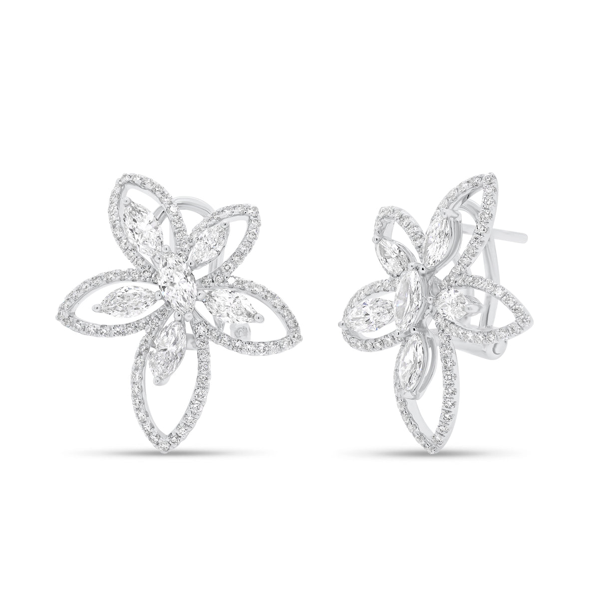 Diamond Oversized Flower Earrings - 18K white gold weighing 6.63 grams  - 12 marquise-shaped diamonds totaling 1.64 carats  - 170 round diamonds totaling 0.76 carats