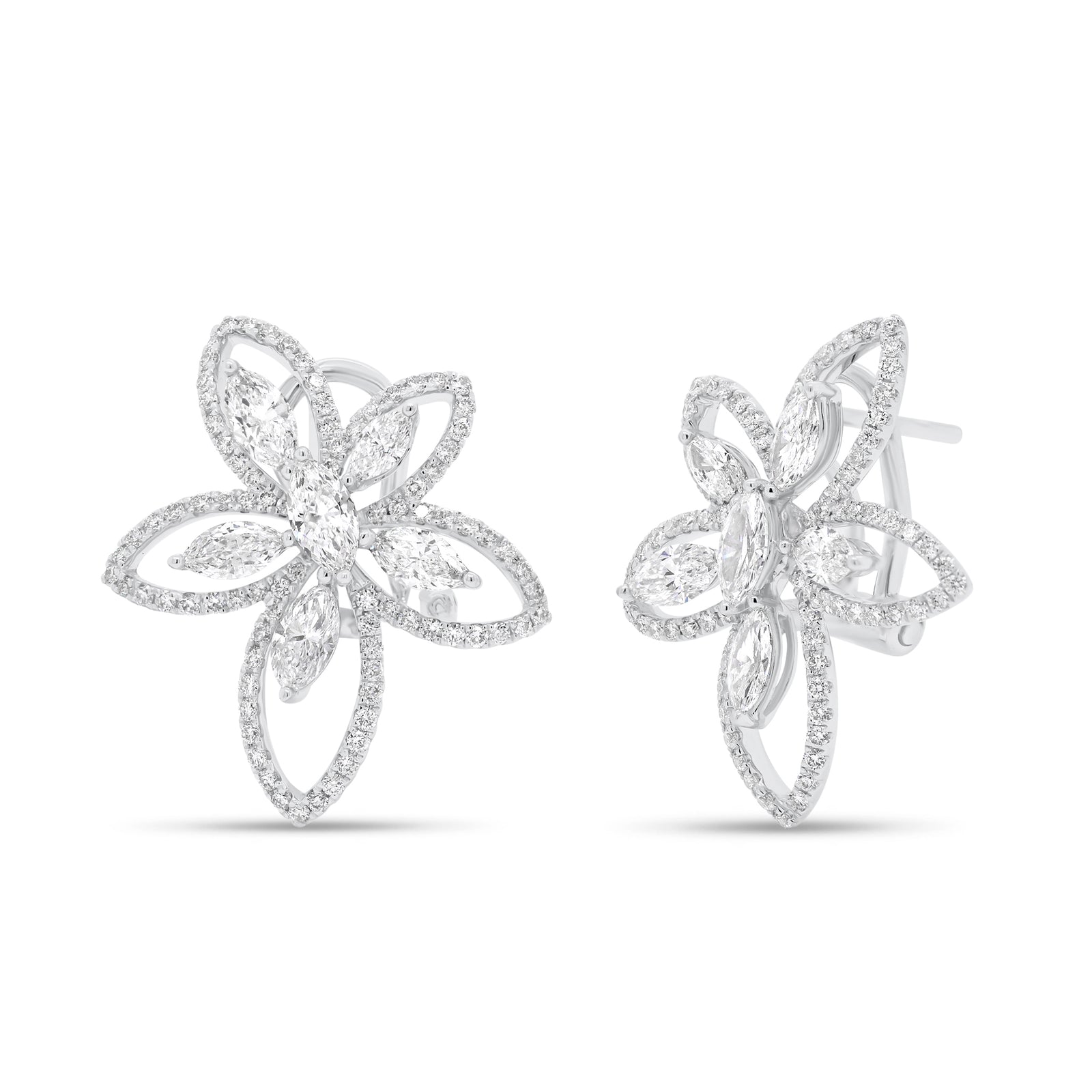 Diamond Oversized Flower Earrings - 18K white gold weighing 6.63 grams  - 12 marquise-shaped diamonds totaling 1.64 carats  - 170 round diamonds totaling 0.76 carats