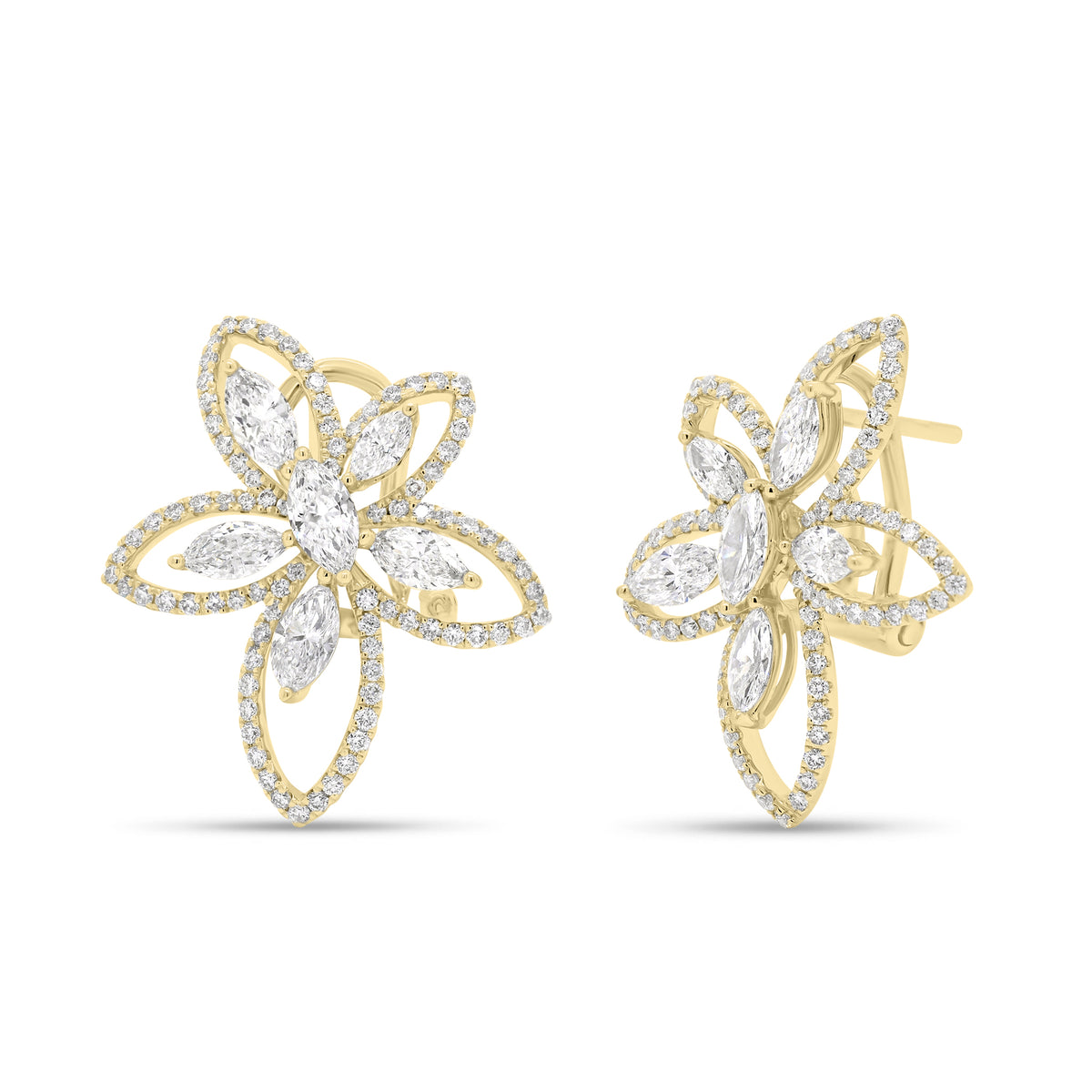 Diamond Oversized Flower Earrings - 18K yellow gold weighing 6.63 grams - 12 marquise-shaped diamonds totaling 1.64 carats - 170 round diamonds totaling 0.76 carats