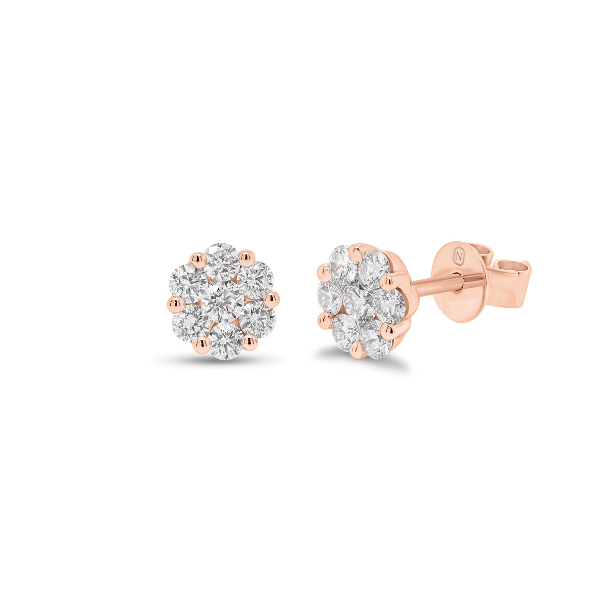 0.52 ct Diamond Cluster Stud Earrings - 18K rose gold weighing 1.33 grams  - 14 round diamonds weighing 0.52 carats