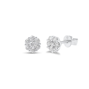 0.52 ct Diamond Cluster Stud Earrings - 18K white gold weighing 1.33 grams  - 14 round diamonds weighing 0.52 carats