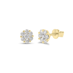 0.52 ct Diamond Cluster Stud Earrings - 18K yellow gold weighing 1.33 grams  - 14 round diamonds weighing 0.52 carats