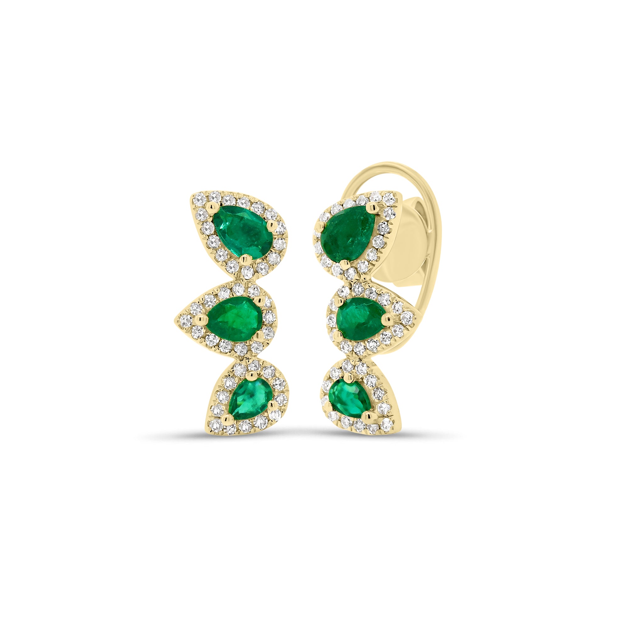 Green Emerald Pear-Shaped Diamond Ear Climbers -14K gold weighing 2.25 grams  -86 round diamonds weighing 0.20 carats  -6 emeralds weighing 0.53 carats