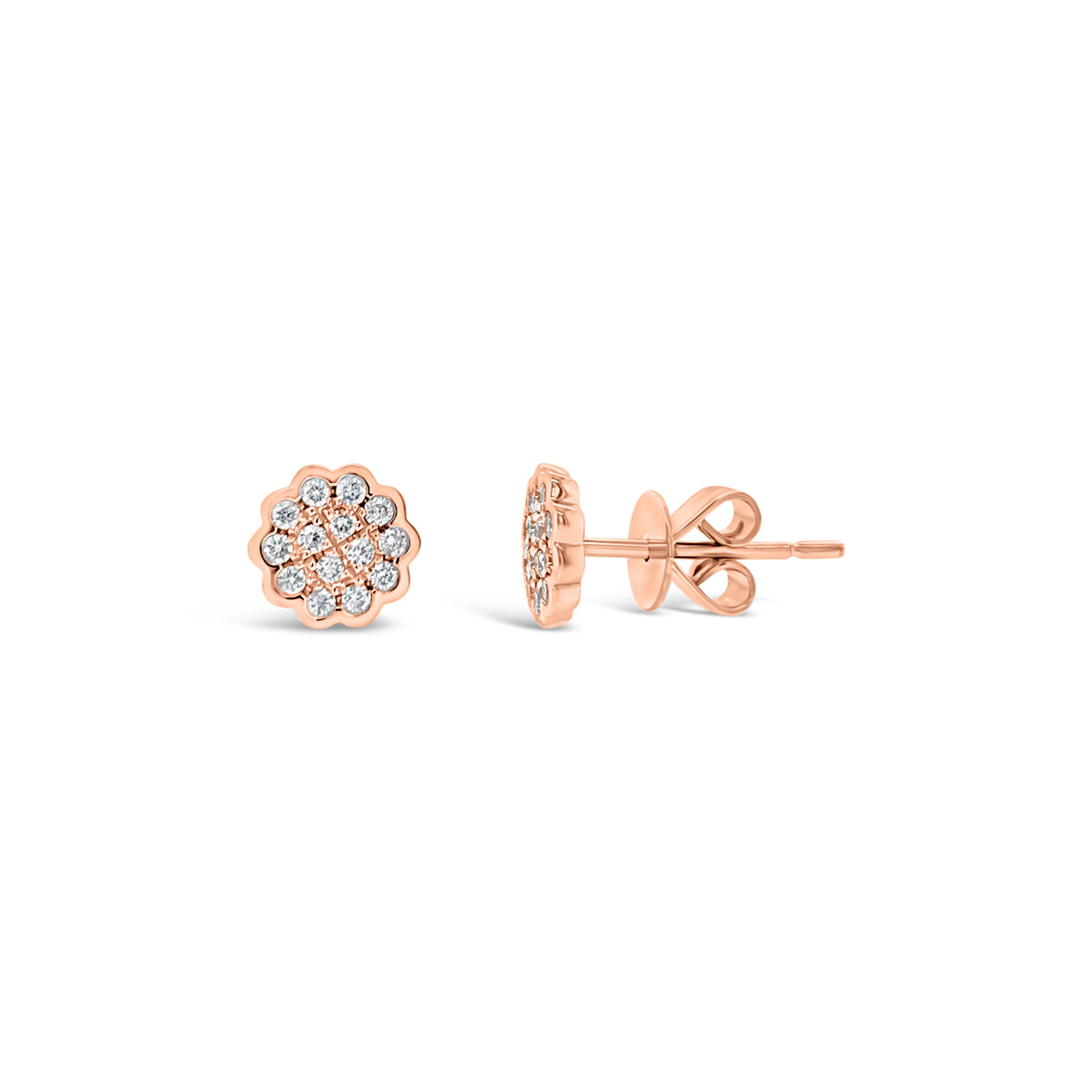 Diamond Floral Stud Earrings - 14K rose gold weighing 1.82 grams - 28 round diamonds totaling 0.18 carats