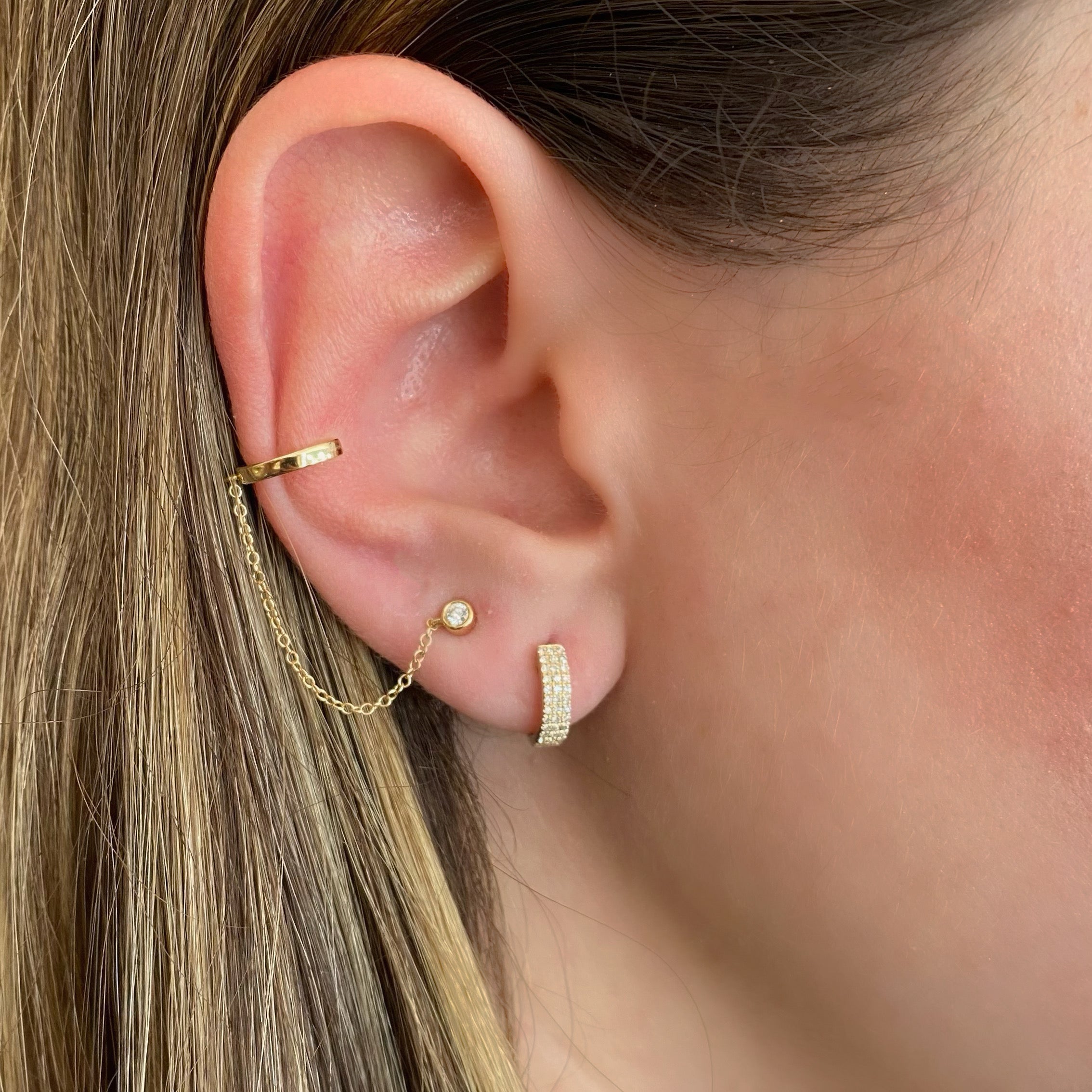 Gold Ear Cuff with Chain and Bezel-Set Diamond Stud - Nuha Jewelers