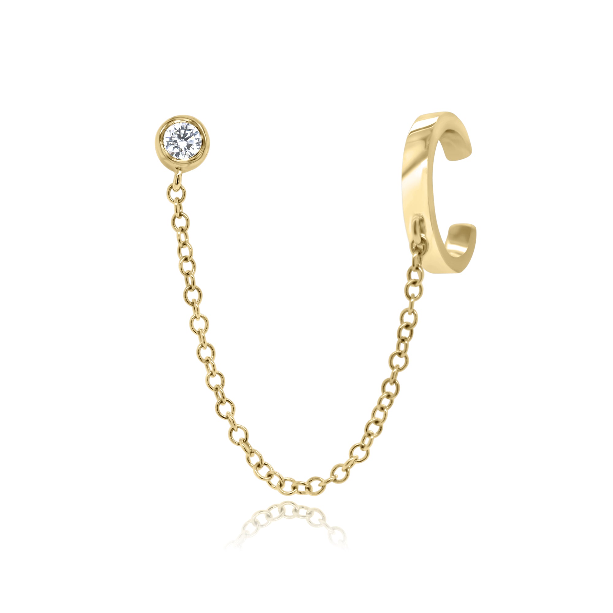 Ear Cuff with Chain and Bezel-Set Diamond Stud - 14K yellow gold weighing 1.14 grams - 1 round diamond totaling 0.05 ct.