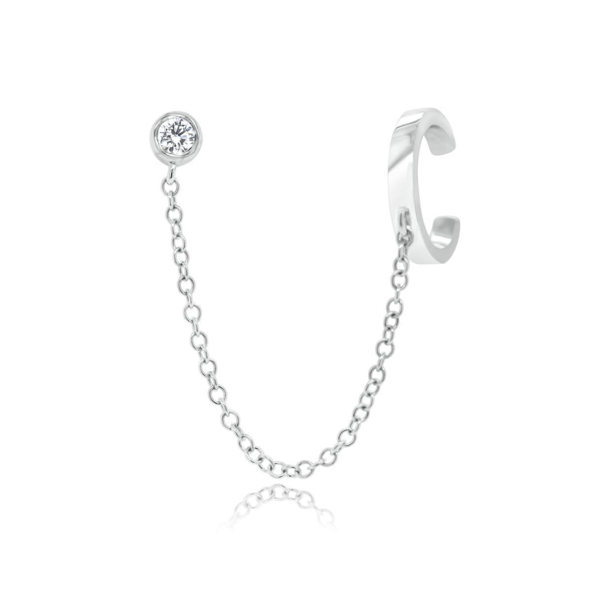 Ear Cuff with Chain and Bezel-Set Diamond Stud - 14K white gold weighing 1.14 grams - 1 round diamond totaling 0.05 ct.