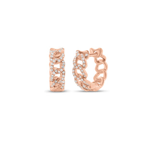 Diamond Curb Chain Huggie Earrings - 14K gold weighing 2.37 grams  - 80 round diamonds totaling 0.18 carats