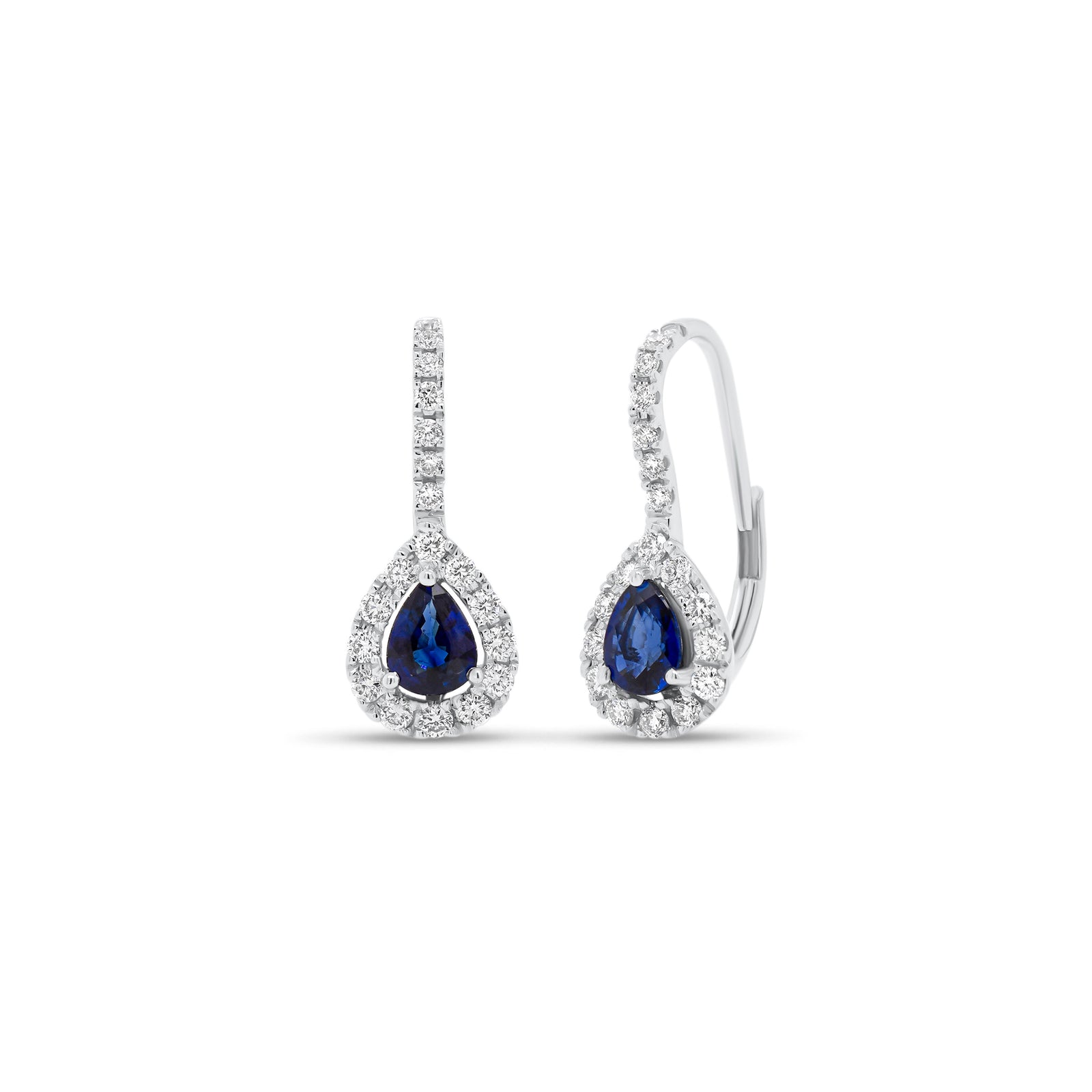 Sapphire & Diamond Teardrop Lever-Back Earrings  - 18K gold weighing 2.48 grams  - 2 sapphires totaling 0.71 carats  - 38 round diamonds totaling 0.40 carats