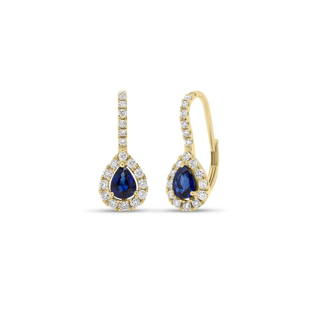 Sapphire & Diamond Teardrop Lever-Back Earrings  - 18K gold weighing 2.48 grams  - 2 sapphires totaling 0.71 carats  - 38 round diamonds totaling 0.40 carats