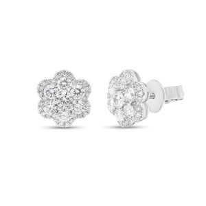 Diamond Flower Stud Earrings - 18K white gold weighing 2.23 grams  - 74 round diamonds weighing 0.91 carats