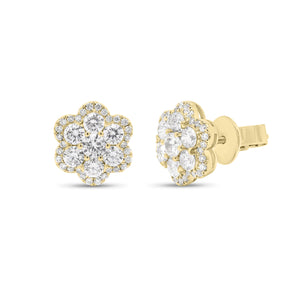 Diamond Flower Stud Earrings - 18K yellow gold weighing 2.23 grams - 74 round diamonds weighing 0.91 carats