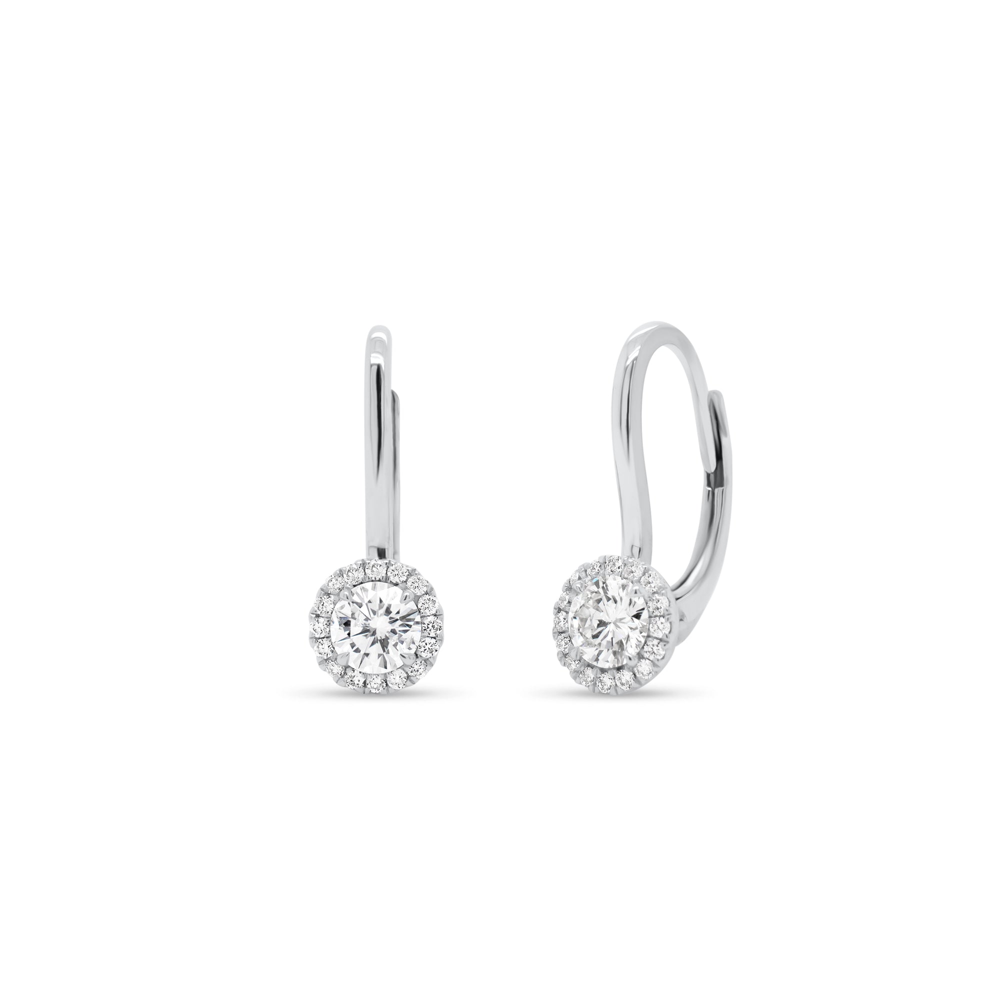 Diamond Halo Lever-Back Earrings  - 18K gold weighing 2.19 grams  - 32 round diamonds totaling 0.11 carats  - 2 round diamonds totaling 0.46 carats