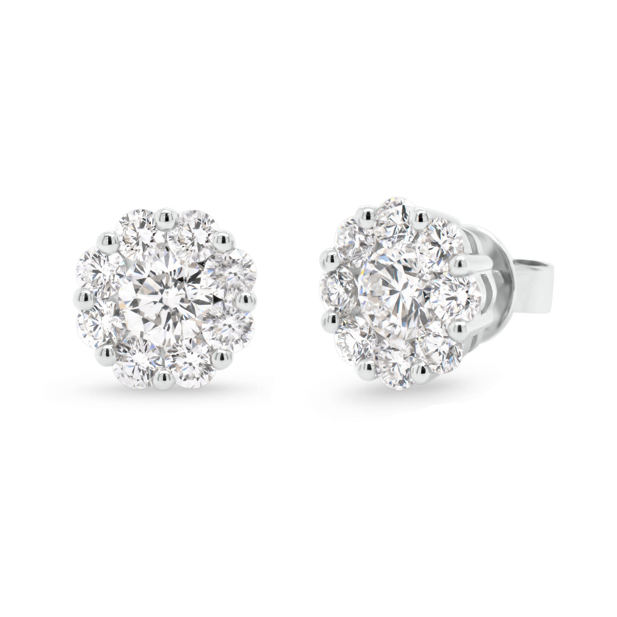 diamond halo stud earrings  -18K gold weighing 3.30 grams  -2 round brilliant-cut diamonds totaling 0.95 carats (GIA-graded F-G color, SI1 clarity)  -16 round diamonds totaling 1.28 carats