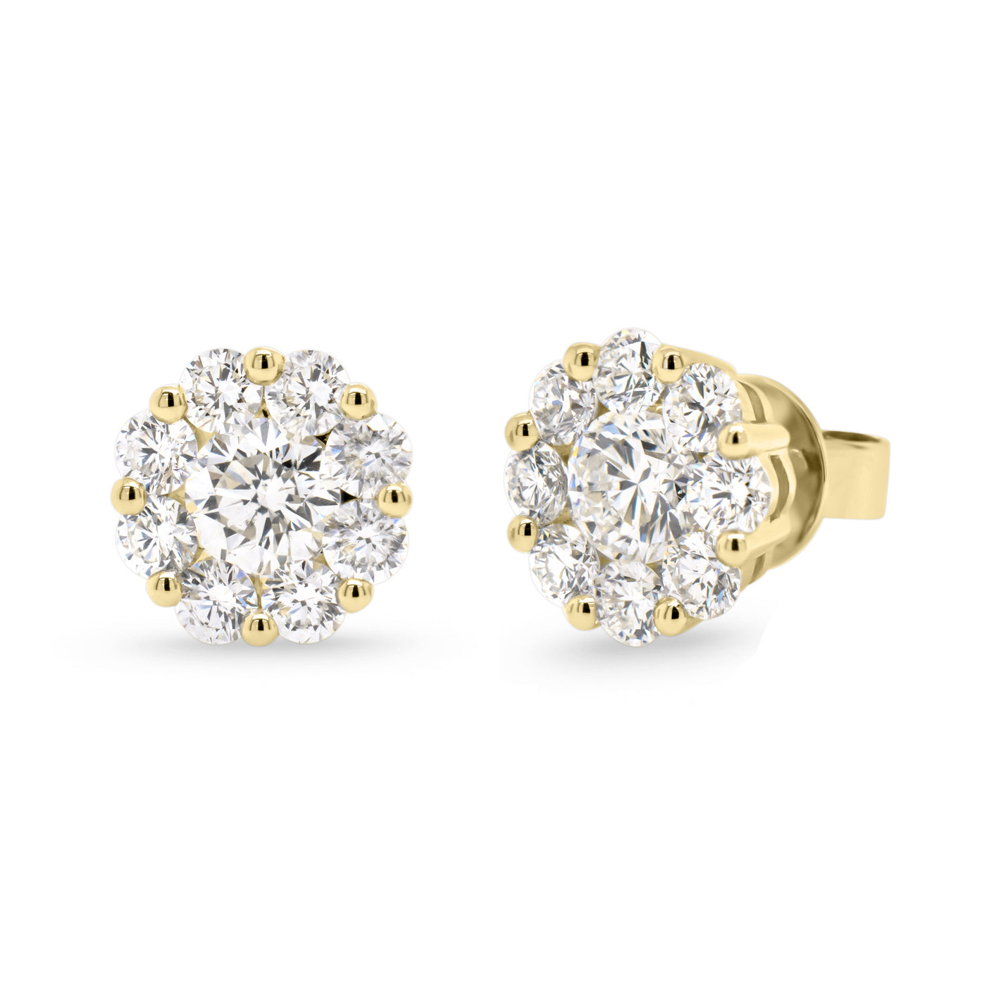 diamond halo stud earrings  -18K gold weighing 3.30 grams  -2 round brilliant-cut diamonds totaling 0.95 carats (GIA-graded F-G color, SI1 clarity)  -16 round diamonds totaling 1.28 carats