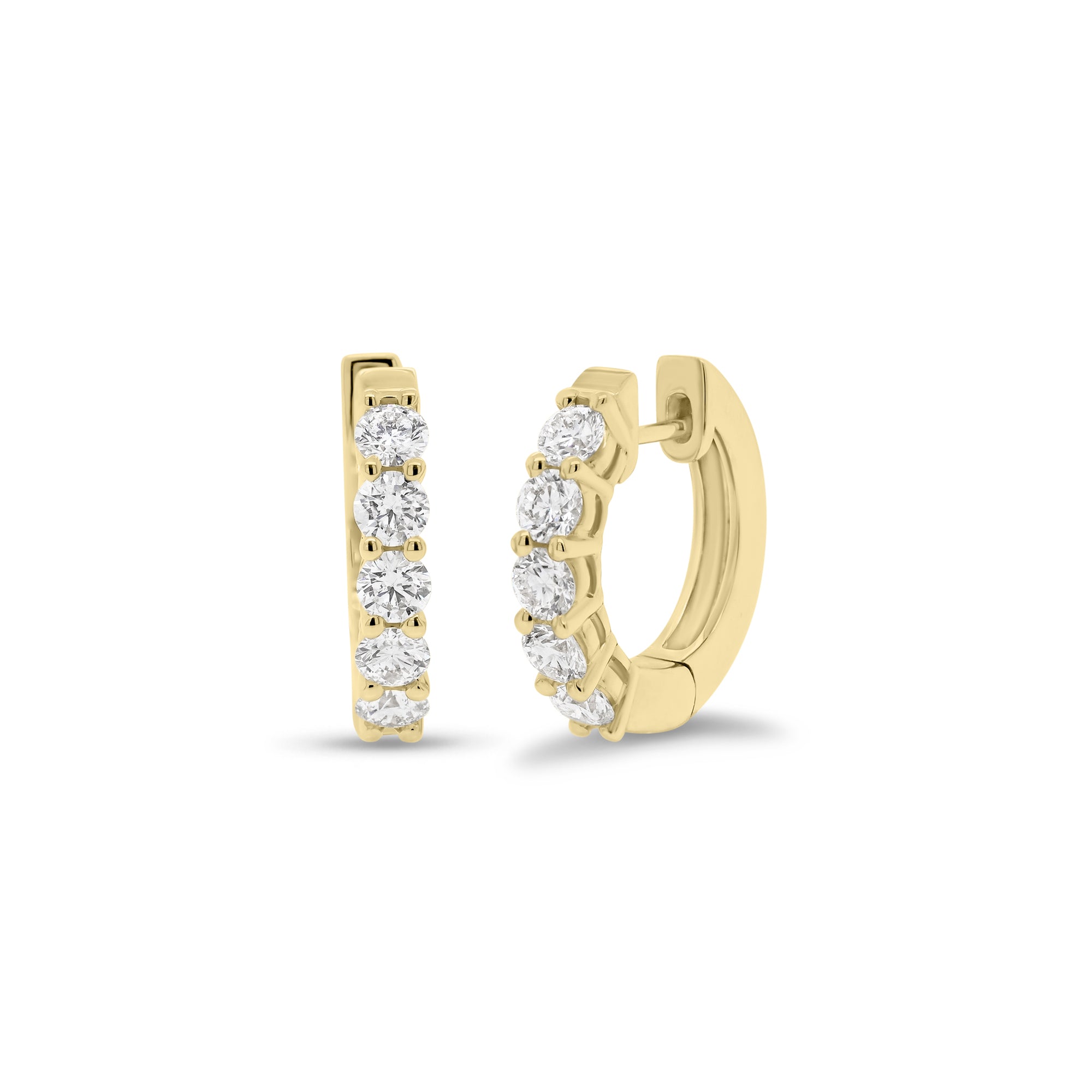 Prong-set diamond huggie earrings - 18K gold weighing 4.34 grams  - 10 round diamonds totaling 0.81 carats