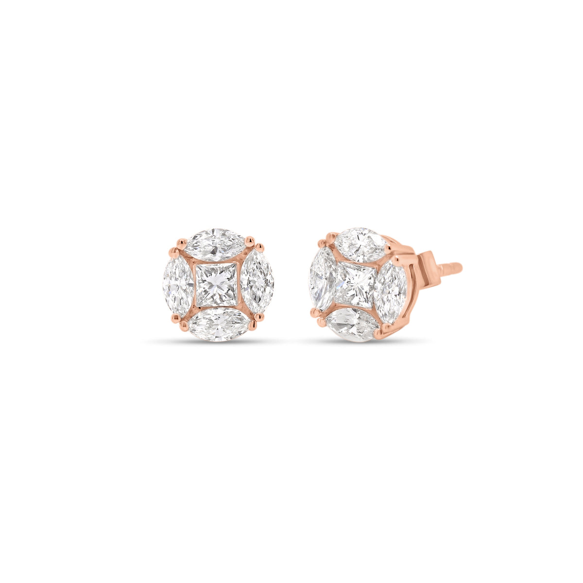 marquise & princess-cut diamond stud earrings - 18K gold weighing 1.84 grams  - 8 marquise-shaped diamonds totaling 0.65 carats  - 2 princess-cut diamonds totaling 0.24 carats